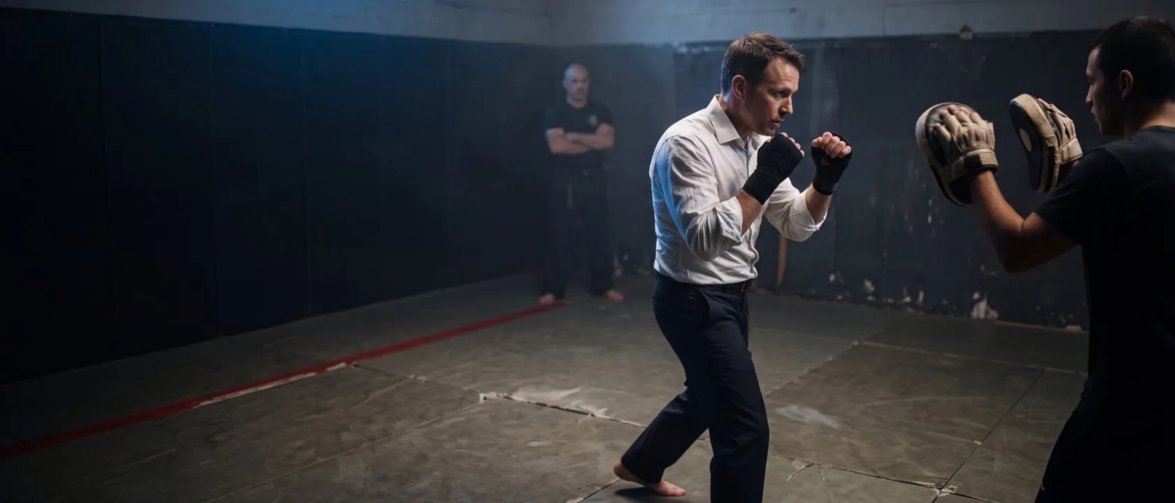 A businessman in a white shirt and hand wraps drills punches on focus pads in a dark dojo, while a coach watches silently from the edge of the mat.
