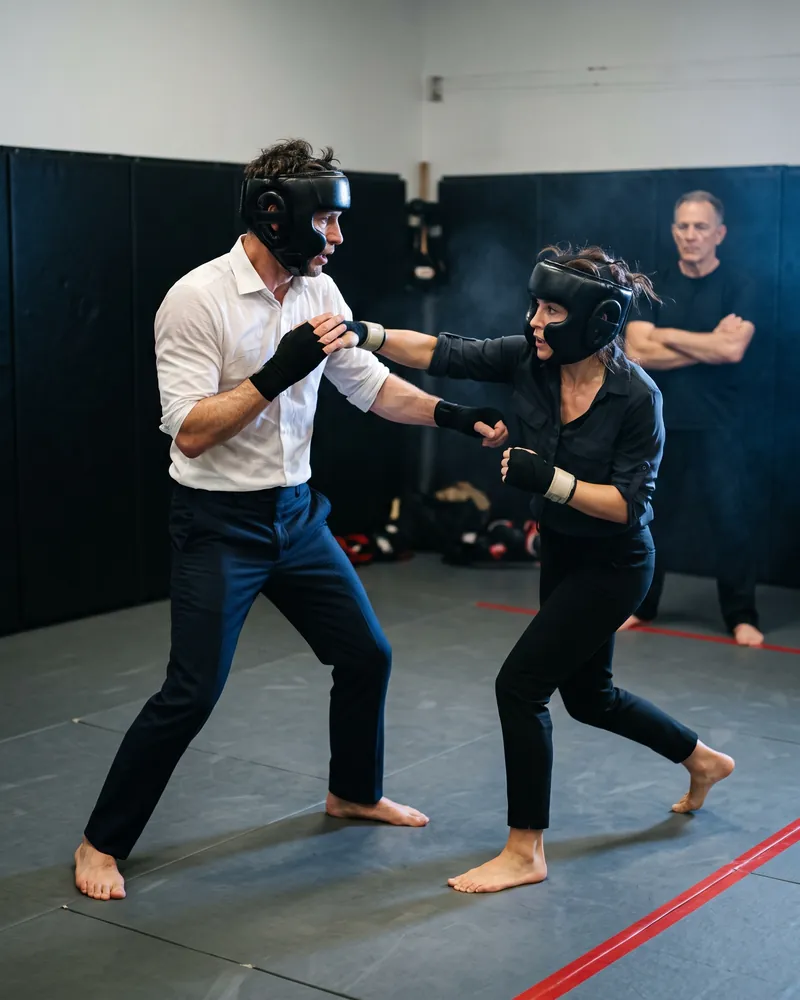 Two students in business clothes and sparring gear trade moves on the mat while a coach watches from the edge.